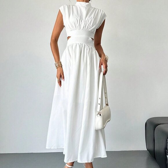 White Elegant Women's Hollow Pocket Cinched Waist Casual Midi Dress - Picture 2 of 7